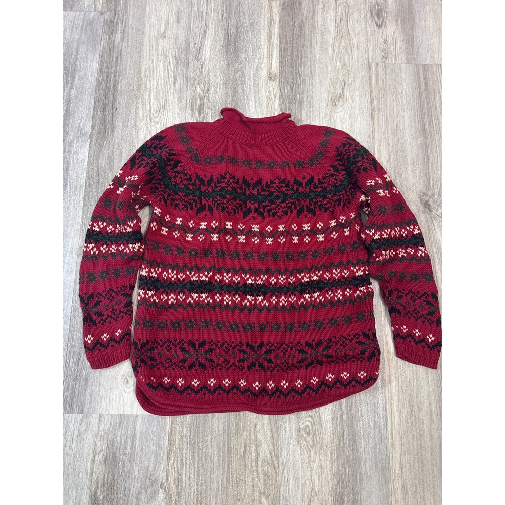 Vintage Eddie Bauer Fair Isle Nordic Sweater Red‎ Cotton Knit Size Large